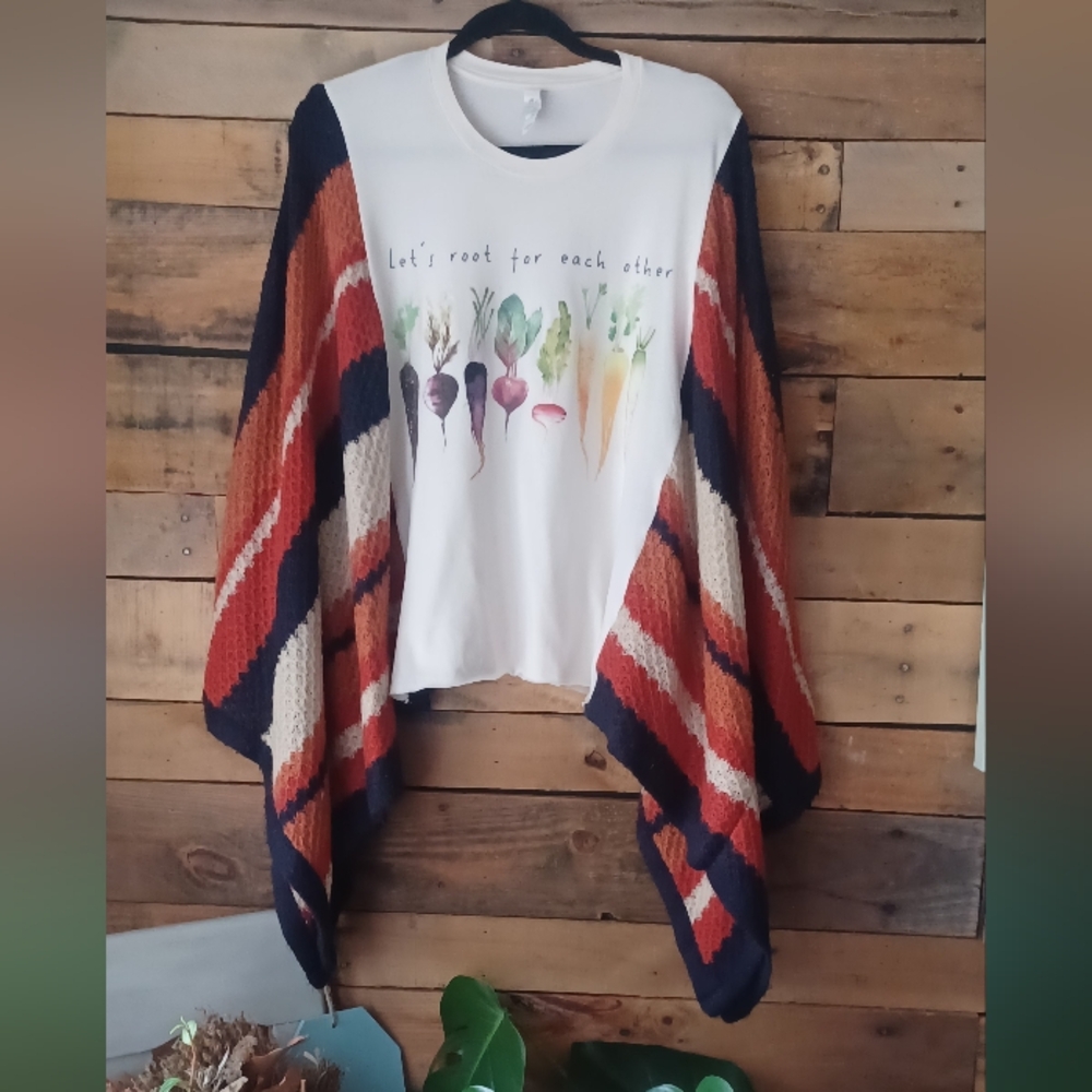 Upcycled Graphic T-shirt  Multicolor Striped Poncho Sweater